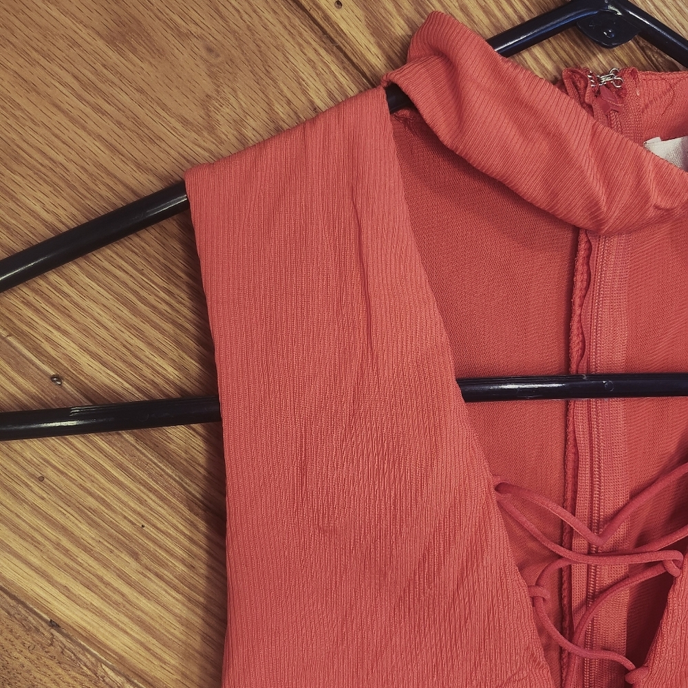 Forever 21 Light Red Orange Vertical Striped High Neck CrissCross Small Bodysuit - Picture 2 of 10